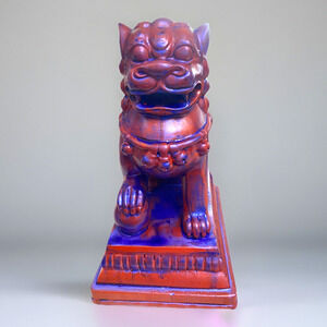 Vintage Tomato Red Electric Purpled Glazed Resin Faux Foo Dog Statue 9"x6.75"x5"
